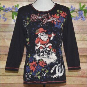 Blue Canyon Ladies Black Season's Greetings Santa Claus Thin Knit Shirt Top XL